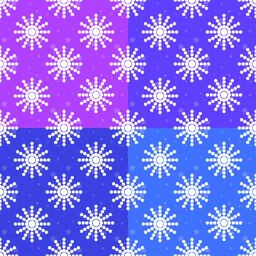 Set of seamless patterns of white snowflakes on purple, light blue, dark blue Stock Illustration