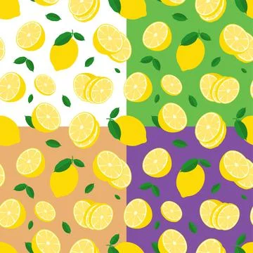 Set of seamless patterns with whole lemon with piece of citrus. Lemon with ch イラスト素材