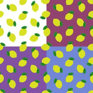 Set of seamless patterns with whole lemon and leaves. Harvesting citrus fruit Stock Illustration