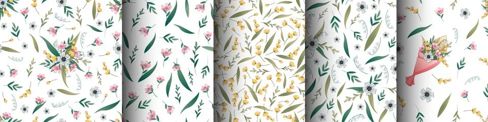 Set of seamless patterns of wild flowers on white background. Texture for pap Stock Illustration