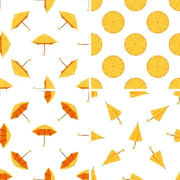 Set of seamless patterns with yellow umbrellas rotating and opening on white Stock Illustration