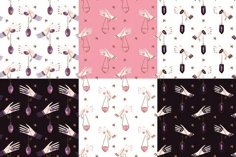 Set of seamless patterns.Woman's hand with a crystal on a chain and golden stars Stock Illustration