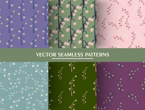 Set of seamless random pattern with doodle branches and berries. 스톡 일러스트