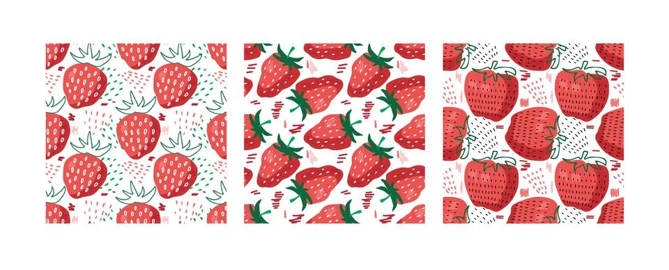 Set of Seamless Red Strawberry pattern. Set of three patterns. Textured berries Stock Illustration