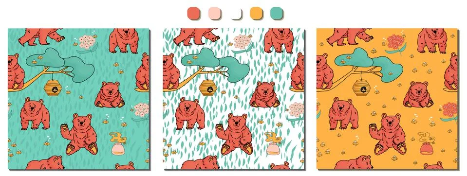 Set of Seamless repeat patterns of hand drawn walking and sitting bears, hone Stock Illustration