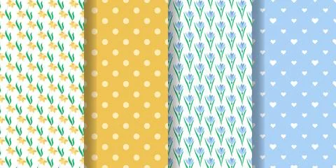 Set of seamless spring patterns featuring flowers, hearts and circles Stock Illustration