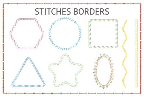 Set of seamless stitch borders of different shapes vector illustration isolated. Stock Illustration