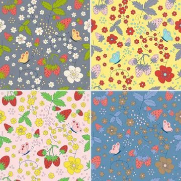 Set of seamless strawberry patterns Stock Illustration