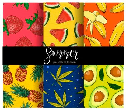 Set of seamless summer fruit pattern Stock Illustration