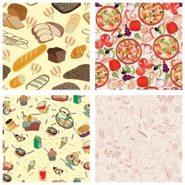 Set of seamless Texture Design with Meal. Food and ingredients background Illustrazione stock
