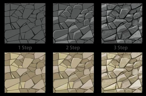 Set of seamless texture stone step by step drawing. Stock Illustration
