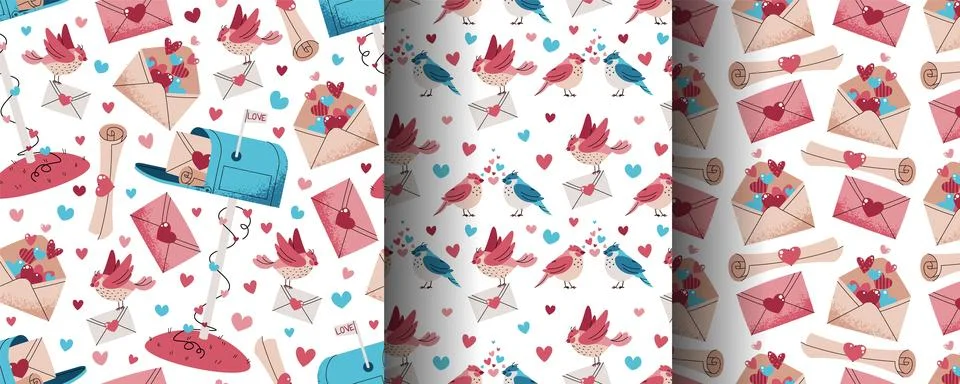 Set of Seamless Valentine's Day Patterns in Flat Style. Mail, Love Letter, .. Stockillustratie