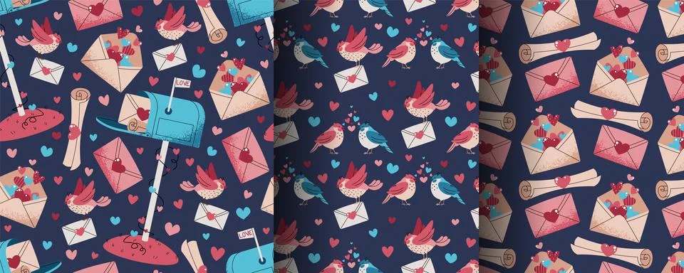 Set of Seamless Valentine's Day Patterns in Flat Style. Mail, Love Letter, .. Stock Illustration
