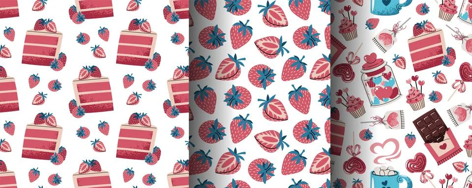 Set of Seamless Valentine's Day Patterns in Flat Style. Berry Cake Slice, S.. Stock Illustration