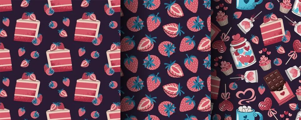 Set of Seamless Valentine's Day Patterns in Flat Style. Berry Cake Slice, S.. Stock Illustration