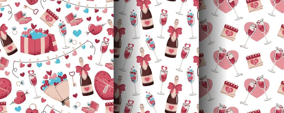 Set of Seamless Valentine's Day Patterns in Flat Style. Champagne, Wine Gla.. Stock Illustration