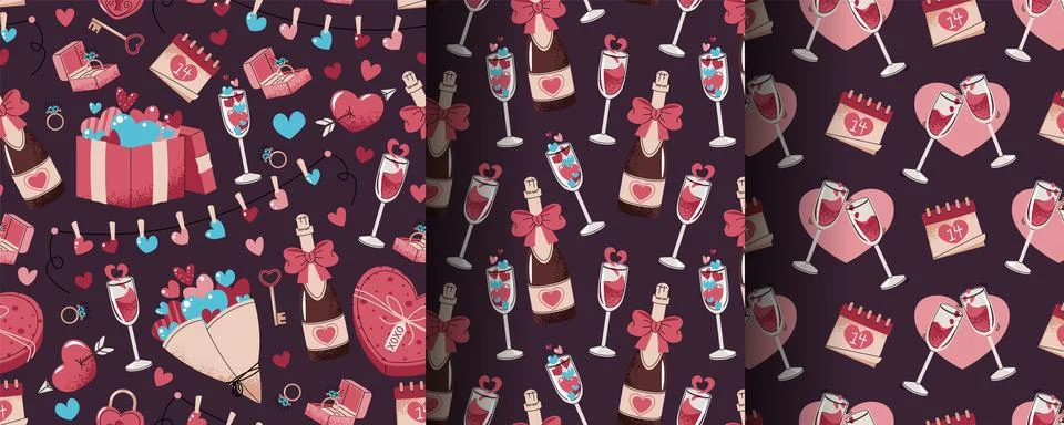 Set of Seamless Valentine's Day Patterns in Flat Style. Champagne, Wine Gla.. Stock Illustration