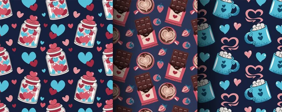 Set of Seamless Valentine's Day Patterns in Flat Style. Chocolate Bar, Jar .. Stock Illustration