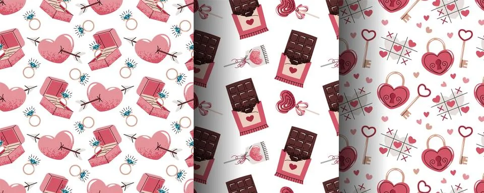 Set of Seamless Valentine's Day Patterns in Flat Style. Engagement Ring in .. Stock Illustration