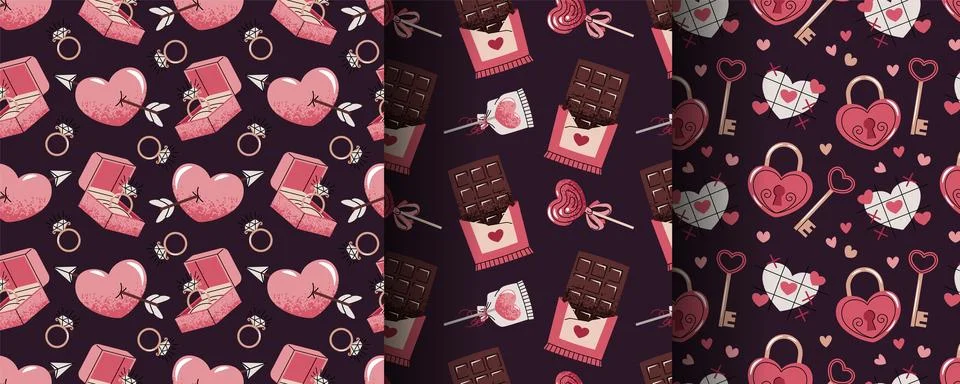 Set of Seamless Valentine's Day Patterns in Flat Style. Engagement Ring in .. Stockillustratie