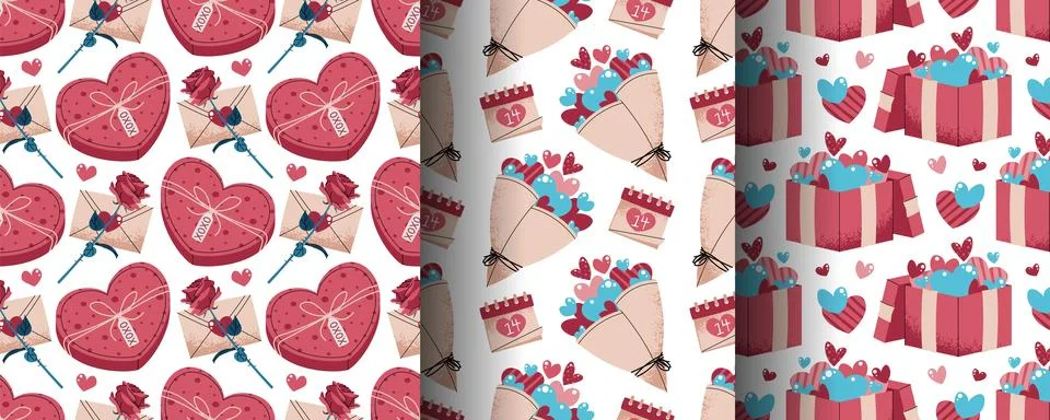 Set of Seamless Valentine's Day Patterns in Flat Style. Gift with Hearts, B.. Illustrazione stock