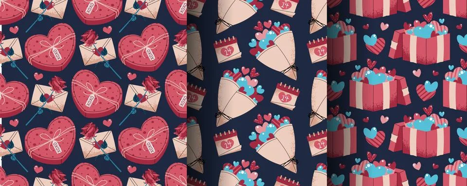 Set of Seamless Valentine's Day Patterns in Flat Style. Gift with Hearts, B.. Stock Illustration