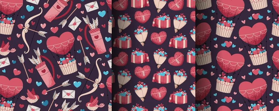Set of Seamless Valentine's Day Patterns in Flat Style. Hot Air Balloon, Gi.. Stock Illustration