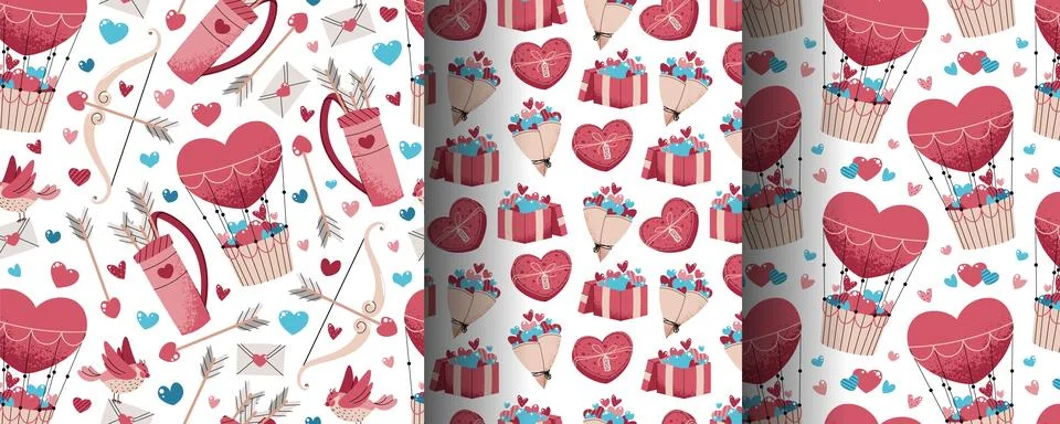 Set of Seamless Valentine's Day Patterns in Flat Style. Hot Air Balloon, Gi.. Stockillustratie