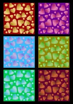 Set of seamless vector backgrounds with metallic heart shapes in different co Stock Illustration