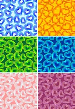 Set of seamless vector backgrounds with outline heart shapes in different col Stock Illustration