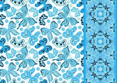 Set of seamless vector butterflies pattern and border (band ribbon strip 스톡 일러스트