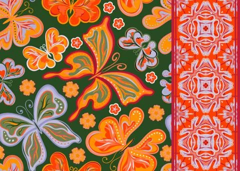 Set of seamless vector butterflies pattern and border (band ribbon strip 스톡 일러스트