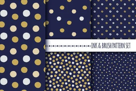 Set of seamless vector free hand polka dot and cirle textures, dry brush ink art 库存插图