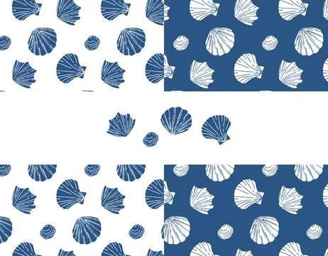 Set of seamless vector pattern with blue sea shells. Hand drawn vintage ske.. 스톡 일러스트