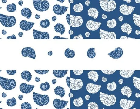 Set of seamless vector pattern with blue sea shells. Hand drawn vintage ske.. Illustrazione stock