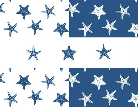 Set of seamless vector pattern with blue sea stars. Hand drawn vintage sket.. Stock Illustration
