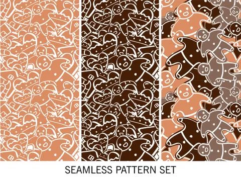 Set of Seamless vector pattern with gingerbread cookies. Christmas ornament Stock Illustration