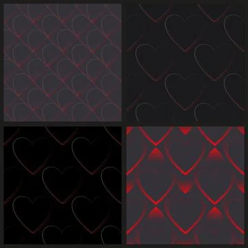 Set of seamless vector pattern of red and gray gradient hearts on a dark 库存插图