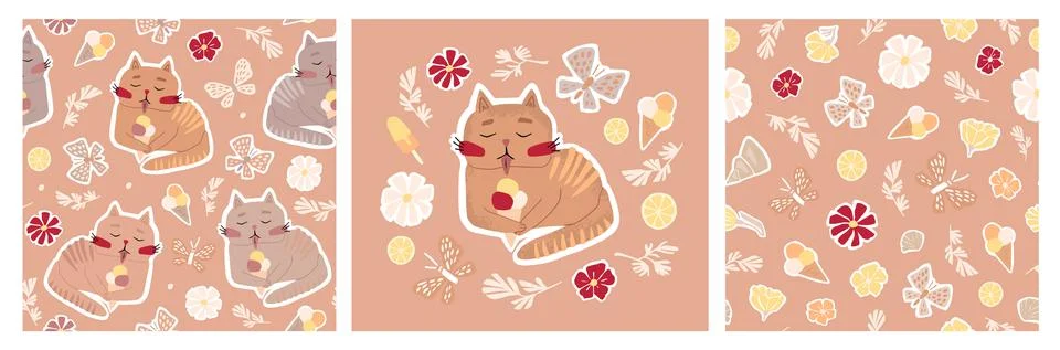 Set of seamless vector patterns and card with cats, leaves, flowers. Summer s Stock Illustration