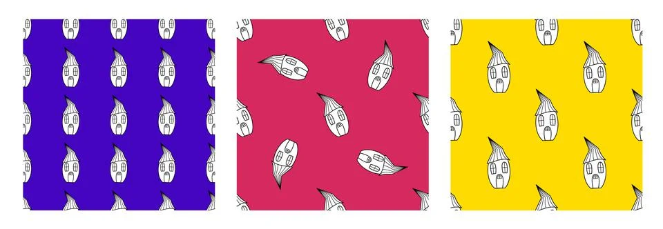 A set of seamless vector patterns from black and white houses in the style of Stock Illustration