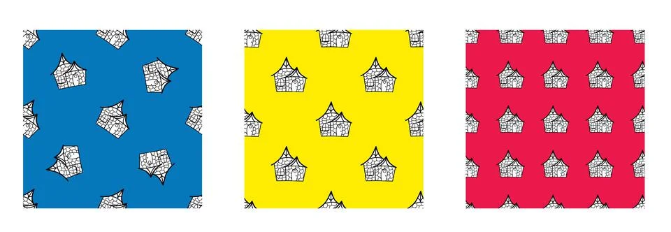 A set of seamless vector patterns from black and white houses in the style of Stock Illustration