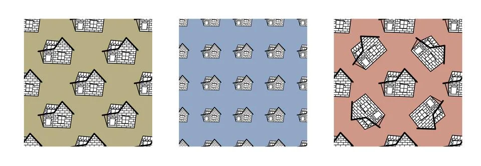 A set of seamless vector patterns from black and white houses in the style of Stock Illustration