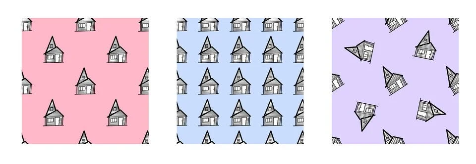 A set of seamless vector patterns from black and white houses in the style of Stock Illustration