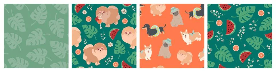 Set of seamless vector patterns of different dogs, lemons, watermelons, leave Stock Illustration