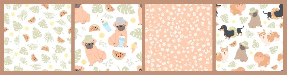 Set of seamless vector patterns of different dogs, lemons, watermelons, leave Stock Illustration