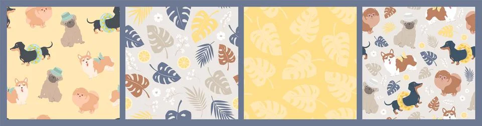 Set of seamless vector patterns of different dogs, lemons, watermelons, leave Stock Illustration