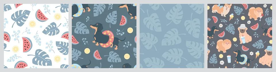 Set of seamless vector patterns of different dogs, lemons, watermelons, leave Stock Illustration