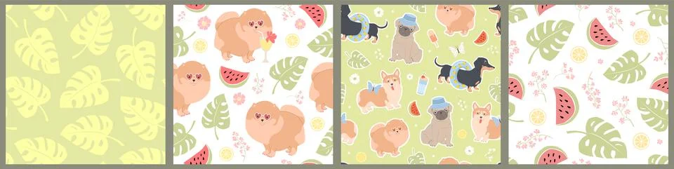 Set of seamless vector patterns of different dogs, lemons, watermelons, leave Stock Illustration