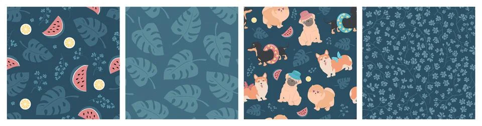 Set of seamless vector patterns of different dogs, lemons, watermelons, leave Stock Illustration