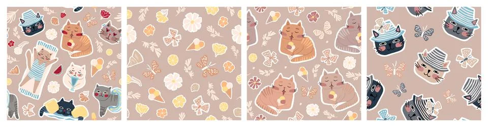 Set of seamless vector patterns of different cats, leaves, flowers. Summer si Stockillustratie